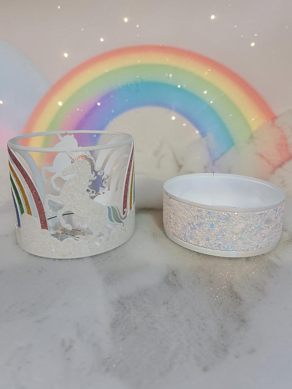White Glitter Unicorn & Rainbow Candle Holder Set - White